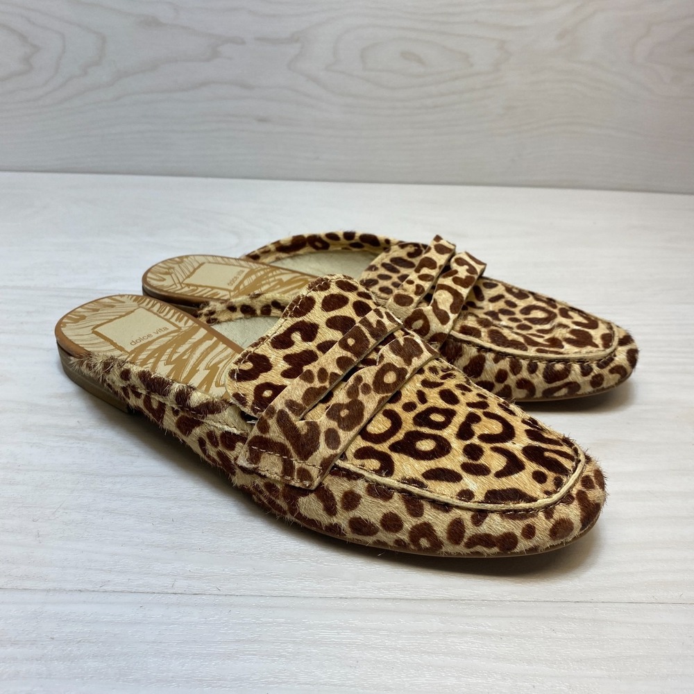 Dolce Vita Cybil Flat Mules Women's Size 7.5 Leopard Print Slip On Comfort Shoes